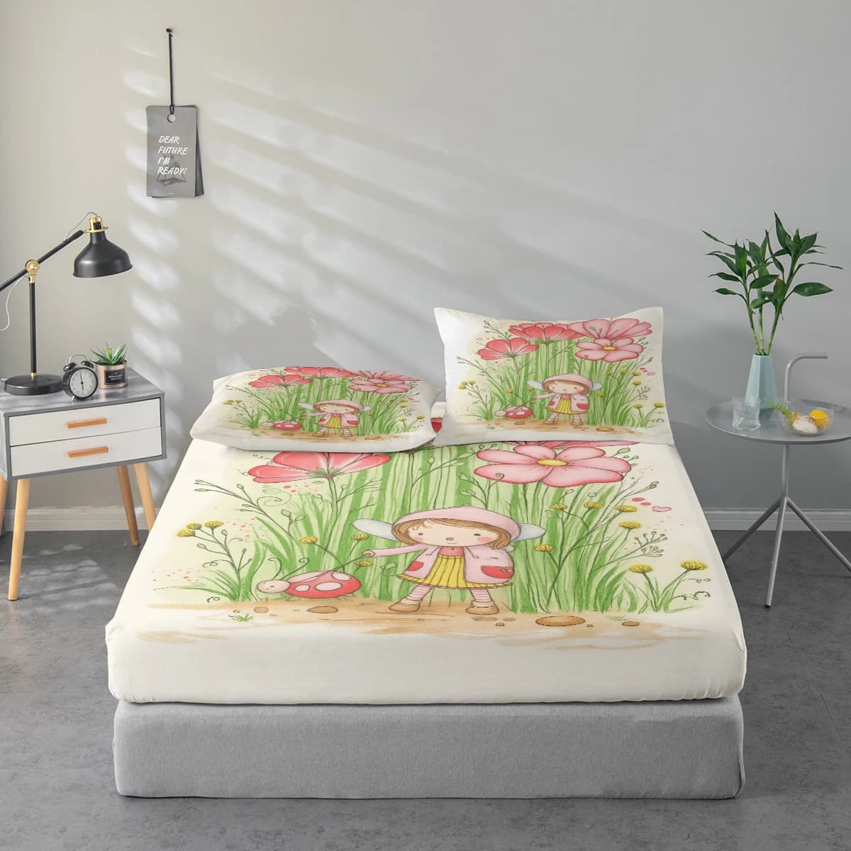 Set di lenzuola con motivo floreale e ragazza carina, protezione per materasso e combinazione di federe. Set di Lenzuola Stampate ad Alta Definizione Include 1 Lenzuolo + 1 o 2 Federe (60*100cm e 72*132cm per 1 Federa, il Resto delle Misure per 2 Federe). Adatto per camera da letto e stanza degli ospiti. Biancheria da Letto in Poliestere Ultra-Morbido, Lavabile in Lavatrice, Utilizzabile in Tutte le Stagioni