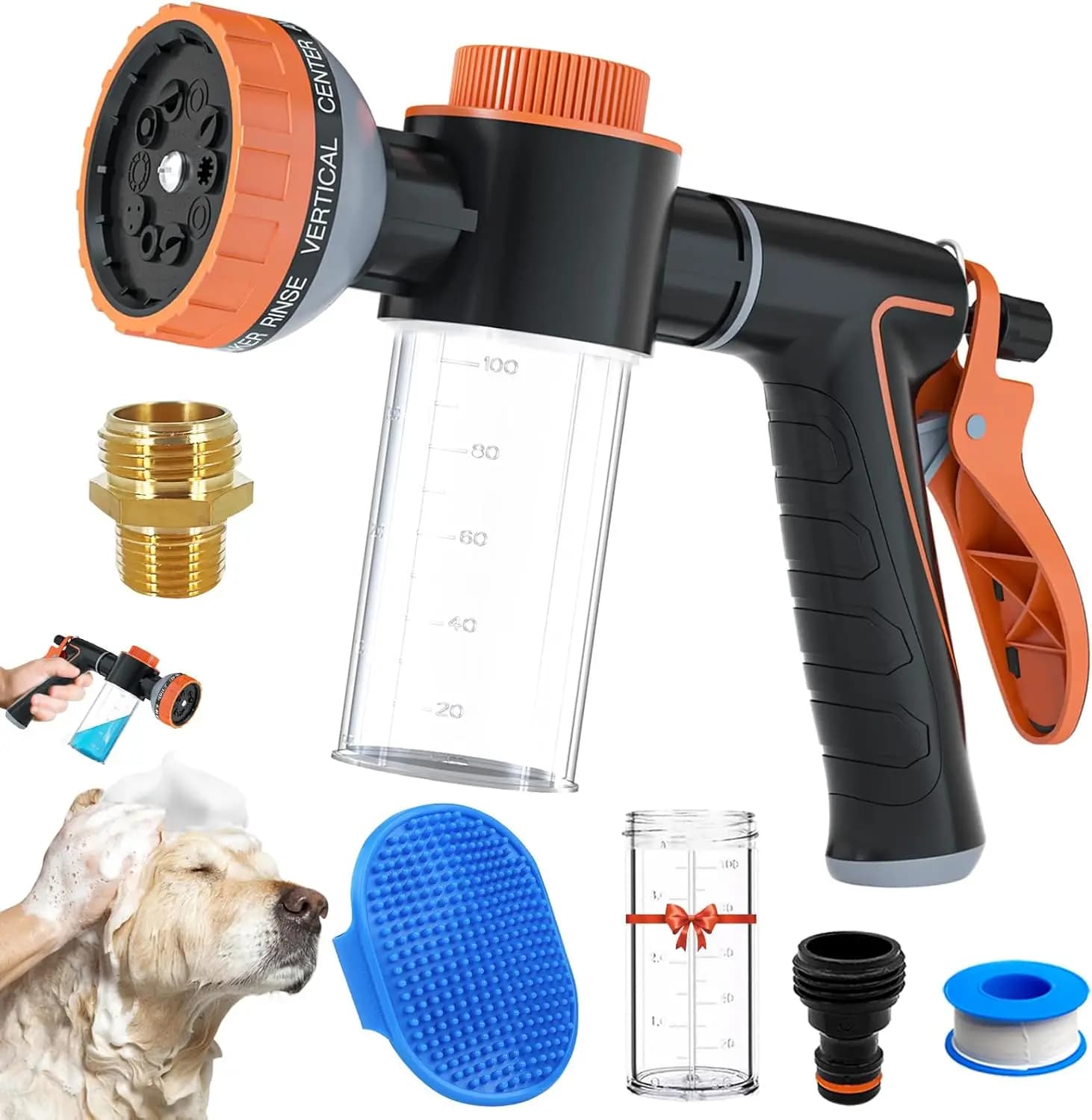 Spruzzatore per il lavaggio di cani con dispenser di shampoo, ugello per tubo flessibile per uso interno/esterno, connettore per il bagno e l'irrigazione