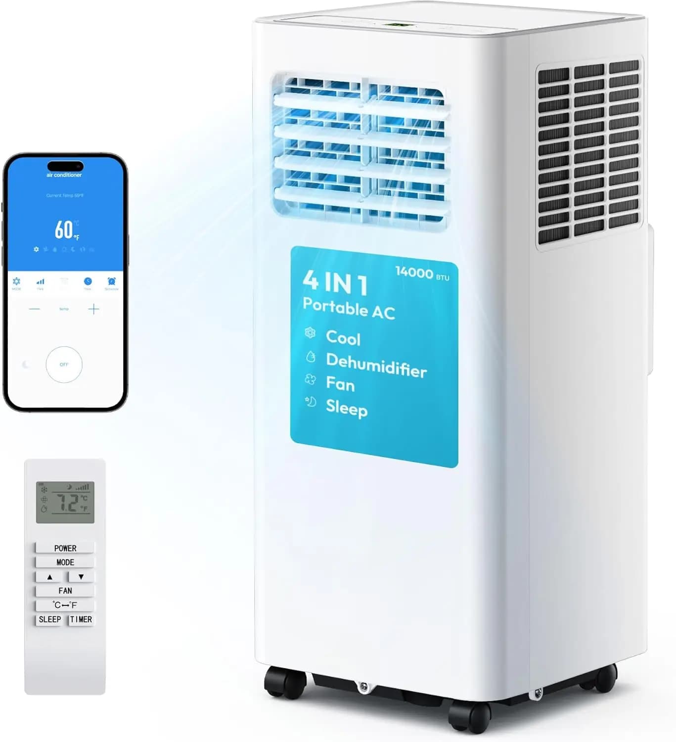 14,000 BTU Portable Air Conditioner, 4-in-1 AC Unit for Rooms Up to 650 Sq.Ft., with Cool, Fan, Dehumidifier, Sleep Modes, Remote Control, 24H Timer, Installation Kit & WiFi