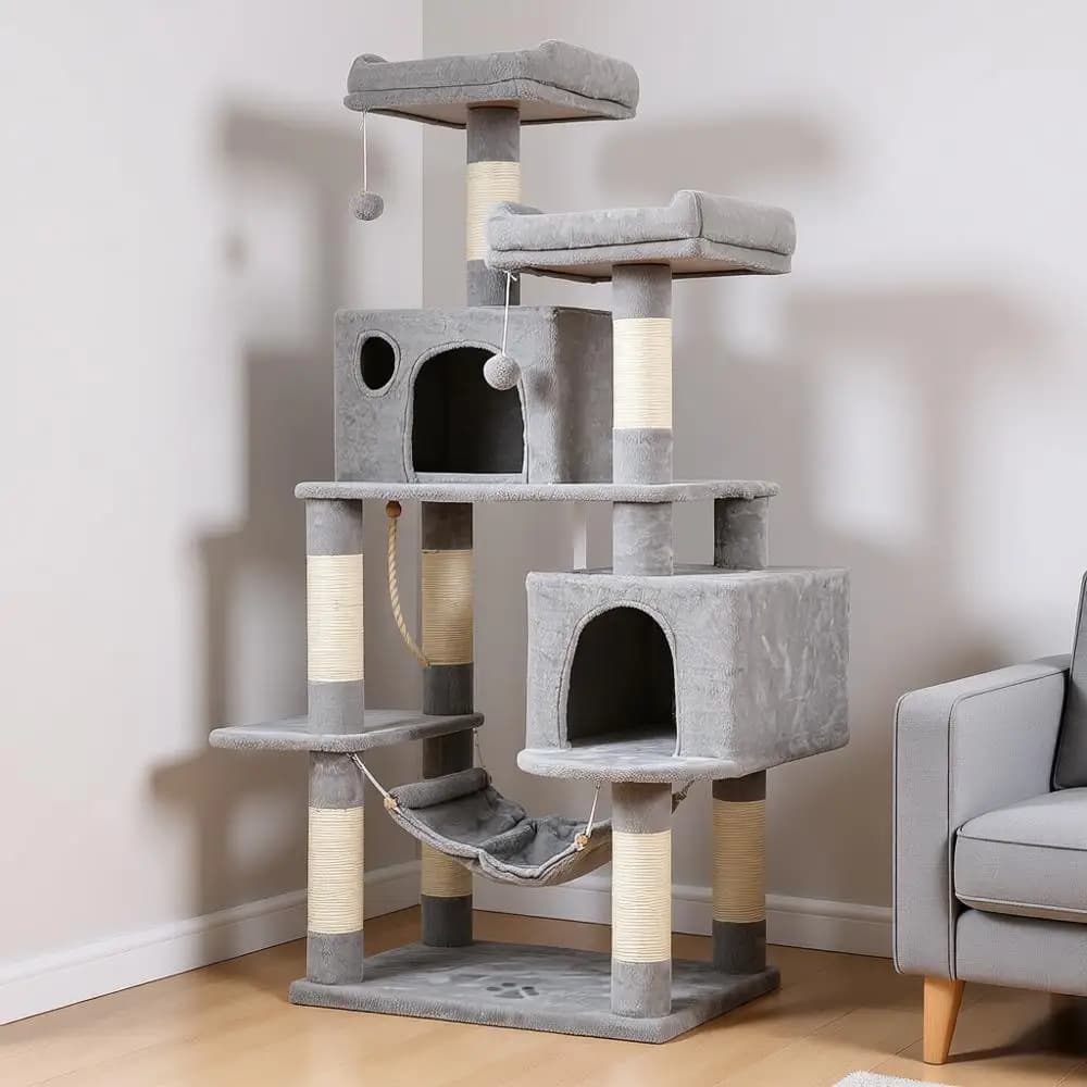 Grande Albero per Gatti Multilivello con Tiragraffi Rivestiti in Sisal, 2 Casette in Peluche, Amaca e Trespolo per Gattini, Gatti e Animali Domestici