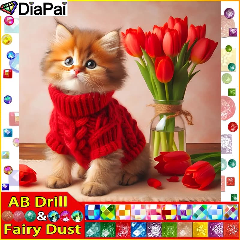 DIAPAI Fata Polvere AB Pittura Diamante Pieno Quadrato/Rotondo Trapano 5D FAI DA TE "Gatto Animale Tulipano" Daimond Ricamo Strass Croce