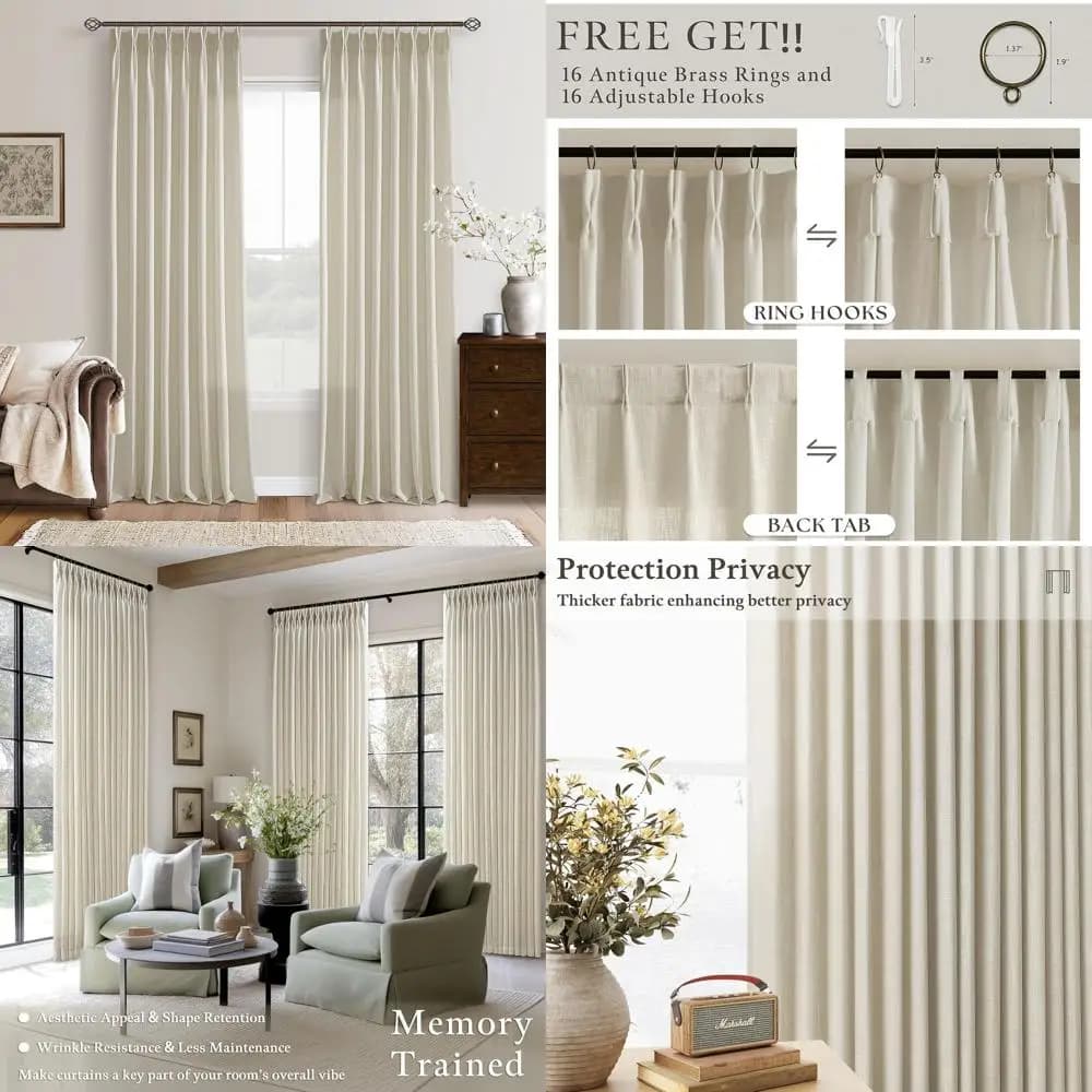 Sand beige linen curtains with light filtering, 102 long, pleated pinch for binary system, set of 2 panels for living room and bedroom, 50x1