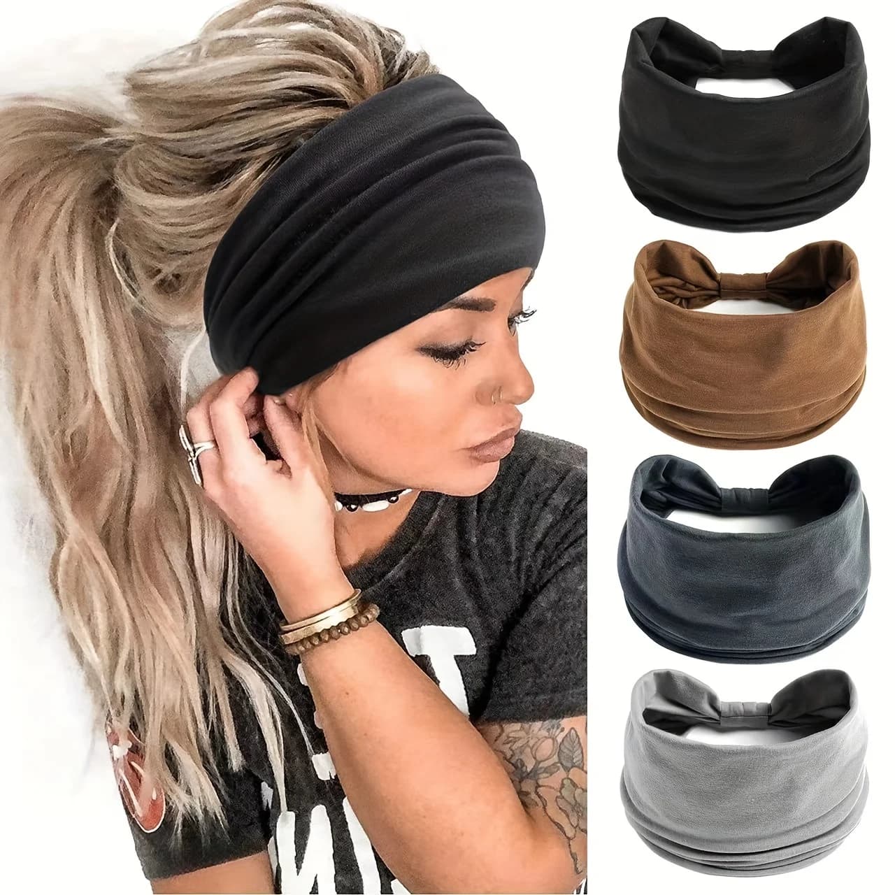 Fascia per capelli larga nera da donna, turbante spesso alla moda in stile boho, accessorio elastico per capelli per yoga e stile africano
