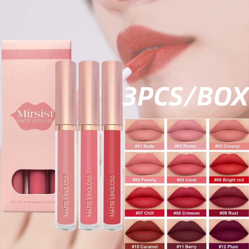 3 pz/set Nude Lip Gloss Rossetto Velluto Opaco Impermeabile Rossetto Liquido A Lunga Durata Donne Lip Umido Tinta Antiaderente