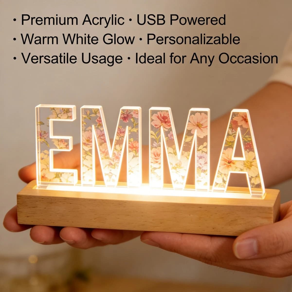 1pc Custom Text Acrylic LED Night Light, USB Powered Personalized Gift for Birthday, Warm White USB Powered Lamp with Wood Base