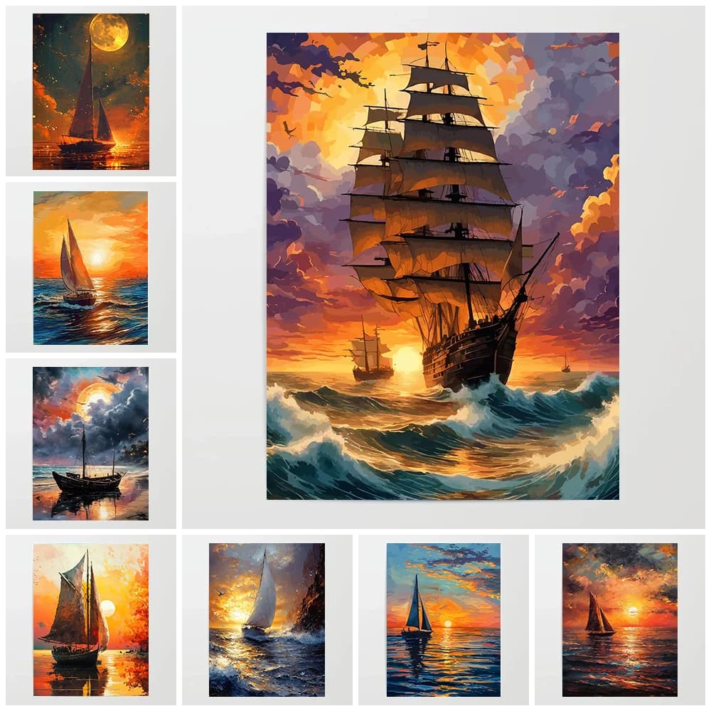 Sailing Boat Drifting In The Ocean Waves Under The Sunset Oil Painting Art Poster Canvas Printing Home Wall Decoration Painting