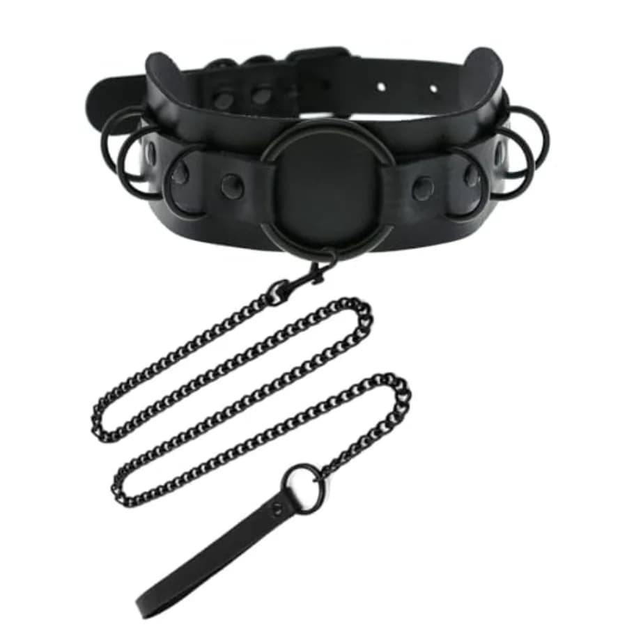 Black Faux Leather Gothic Choker Collar for Dog Cat with Leash, Cosplay Necklaces and Hauling Chains, Adjustable Pet Neck 11-15