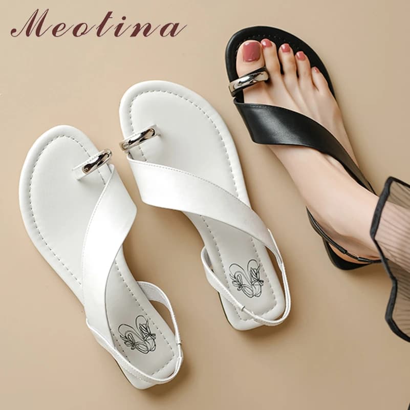 Meotina Sandali infradito da donna in vera pelle Punta tonda Appartamenti Decorazione in metallo Scarpe moda donna concise Estate Bianco Nero 40