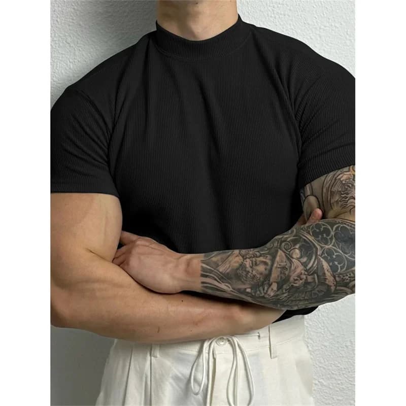 T-shirt da uomo elastica primavera estate Camicia a righe con colletto alto piccolo manica corta fitness top per il tempo libero T-shirt sportiva Abbigliamento sportivo da uomo