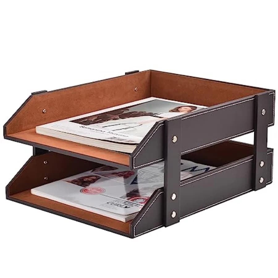 Organizer da scrivania in pelle, portadocumenti impilabile a 2 livelli, contenitore da scrivania per forniture da ufficio, documenti, cancelleria, riviste