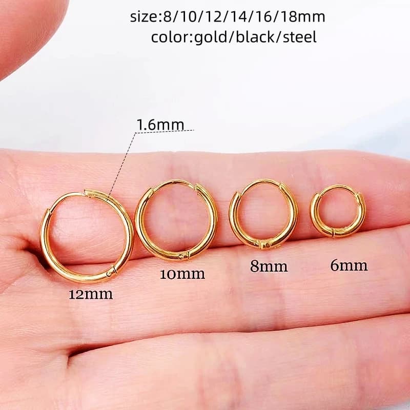 Orecchini a cerchio rotondi in titanio da 1.6mm in acciaio nero Color oro orecchini in acciaio inossidabile 316l placcatura IP senza dissolvenza senza allergia