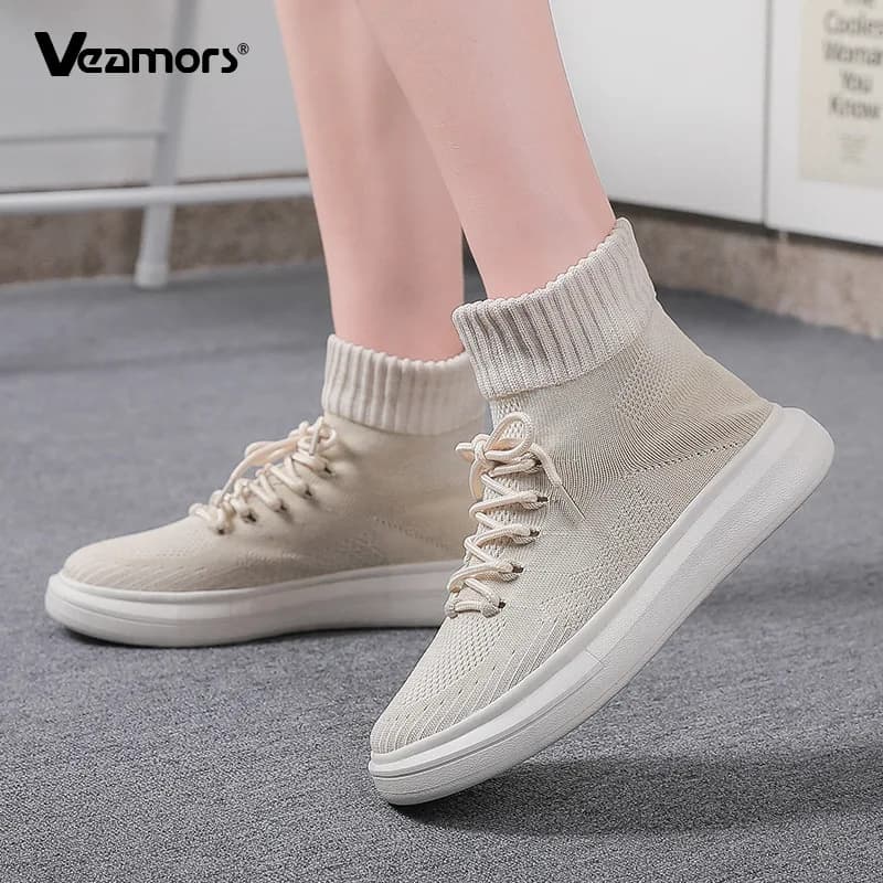 Knitted Mesh Socks Shoes Women Fashion High-top Flats Men's Breathable Casual Walking Shoes Slip-on Elastic Leisure Shoes