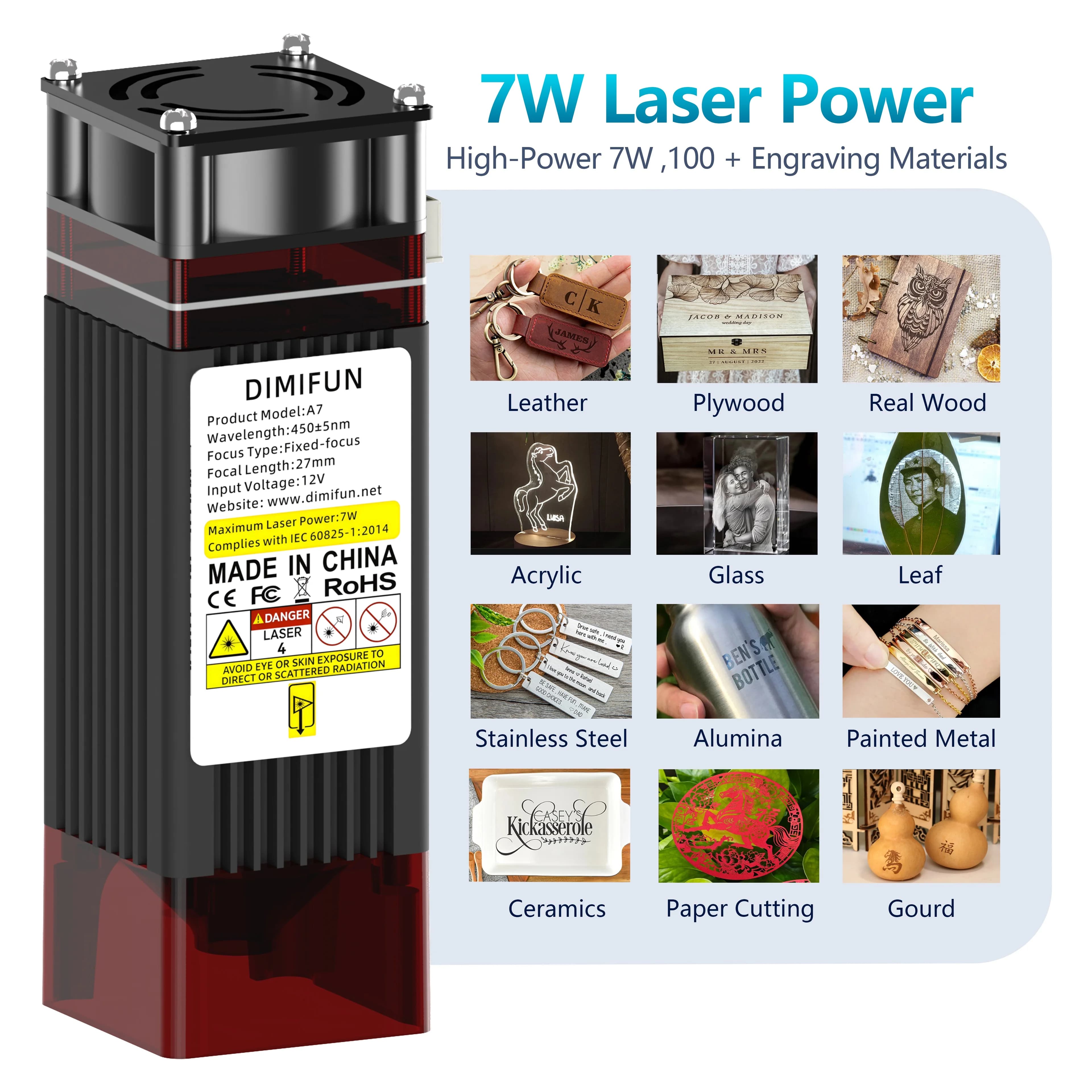 2.5W/4.5W/6W/7W/12W blue light 450nm laser module engraving tool, red light 1.3W 1064nm engraving metal