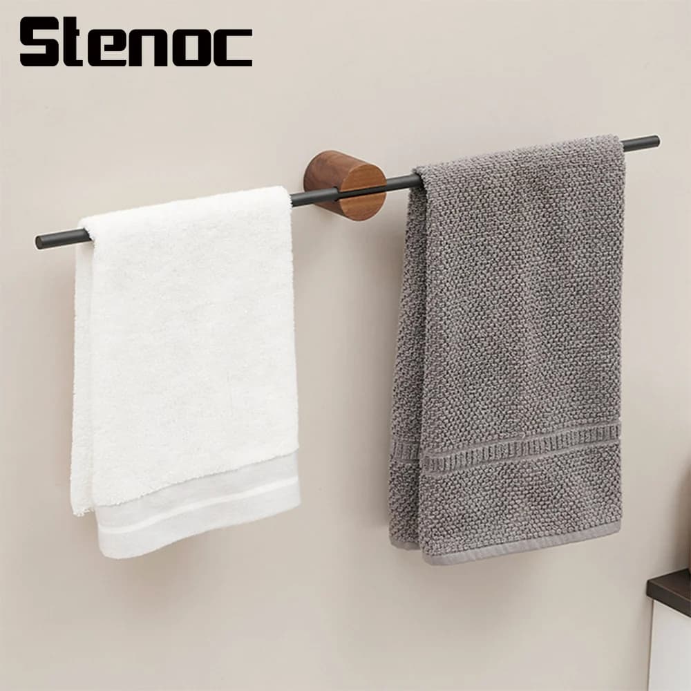 Stenoc 40/50/60 cm Noce Nero/Bianco Portasciugamani Appendiabiti Portasciugamani da bagno Portasciugamani a parete Asta singola Rack di stoccaggio