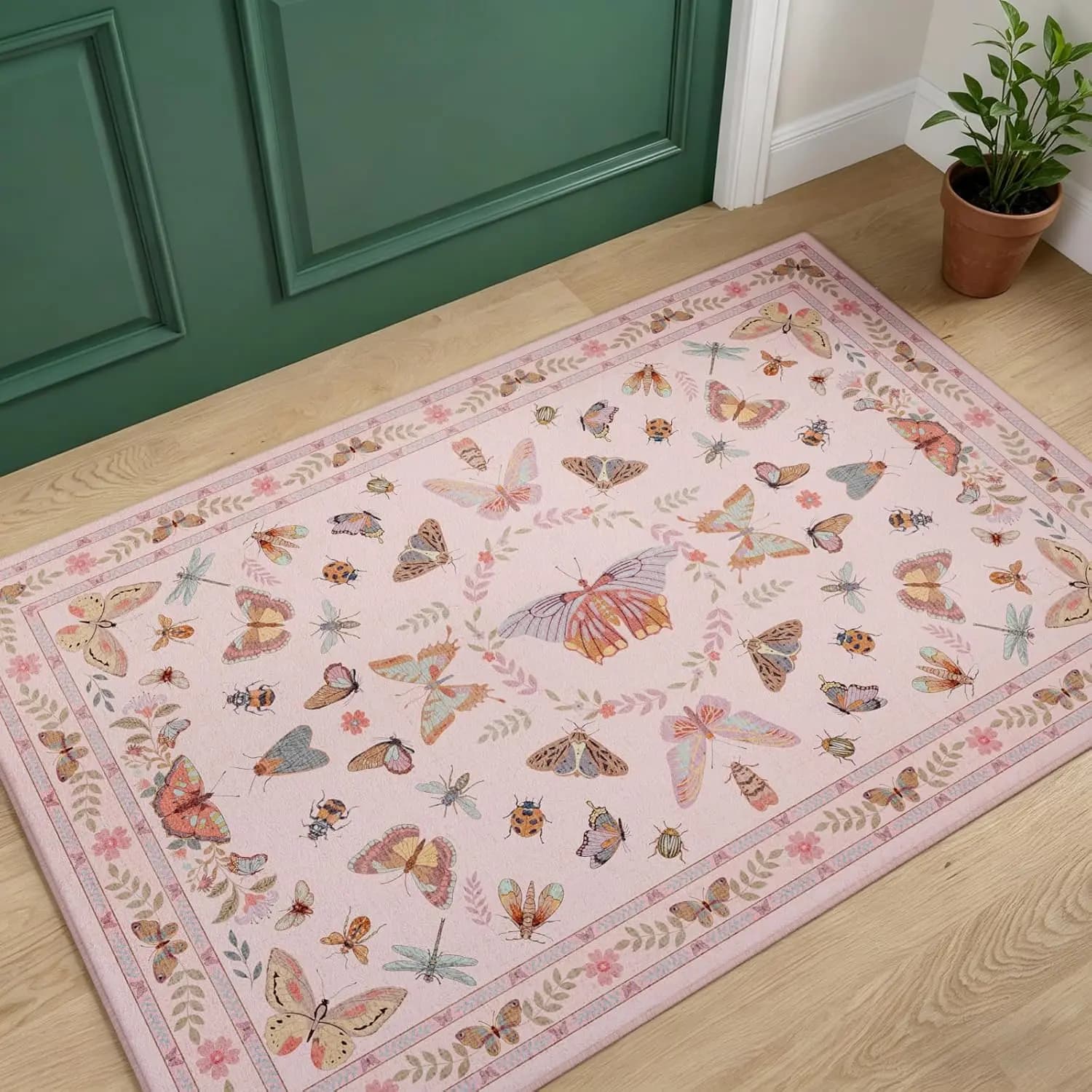 Washable Pink Bug Area Rug, Soft Boho Non Slip Print Carpet, Thin Entryway Mat for Kitchen Bathroom Bedroom Laundry Room