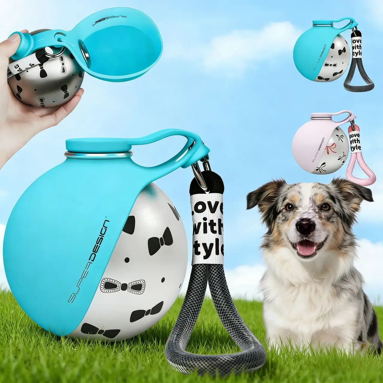 Bottiglia d'Acqua in Acciaio Inox per Cani, Portatile e Pieghevole con Gancio e Cordino, Antigoccia per Passeggiate all'Aperto