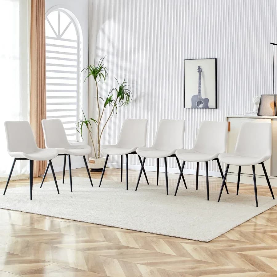 White artificial leather backrest cushion dining chair, black metal legs, curved widened cushion design for more comfort, suita
