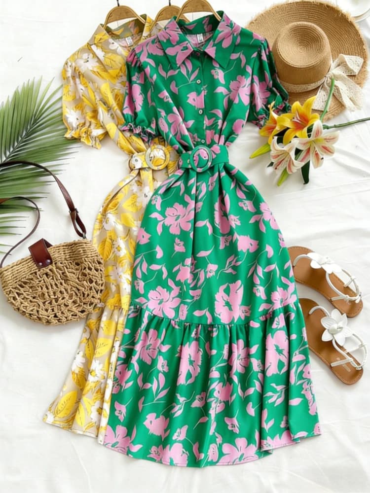 Long summer dress with floral print, buttons, short sleeves, waist belt and curled edge