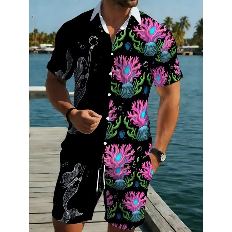 Men's Polyester Hawaiian Shirt & Shorts Set Coral Reef Print Marine Life Lightweight Breathable Beach Vacation Casual Outfit