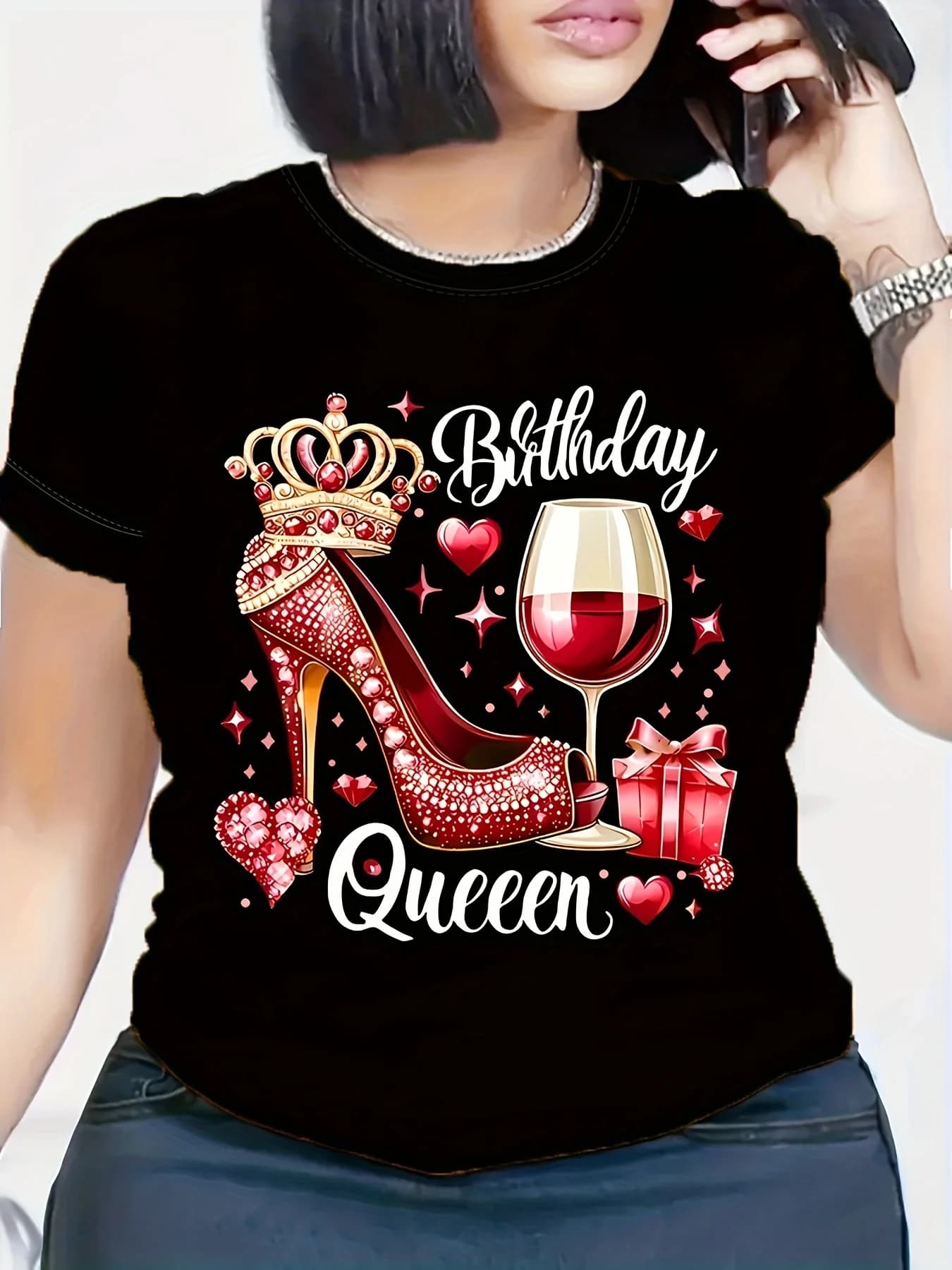 Red Birthday Queen T-shirt da donna con tacco alto e corona modello bicchiere di vino T-shirt casual girocollo a maniche corte lavatrice