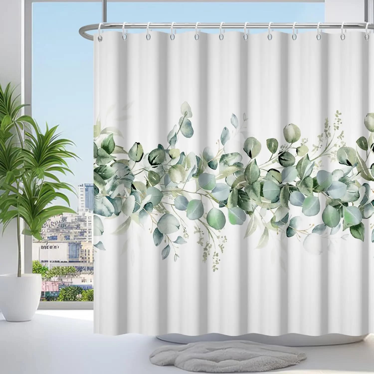 Tenda da Doccia in Eucalipto 72x72 Pollici, Design Floreale Botanico con Foglie di Salvia Acquerellate, Decorazione Primaverile con Ganci