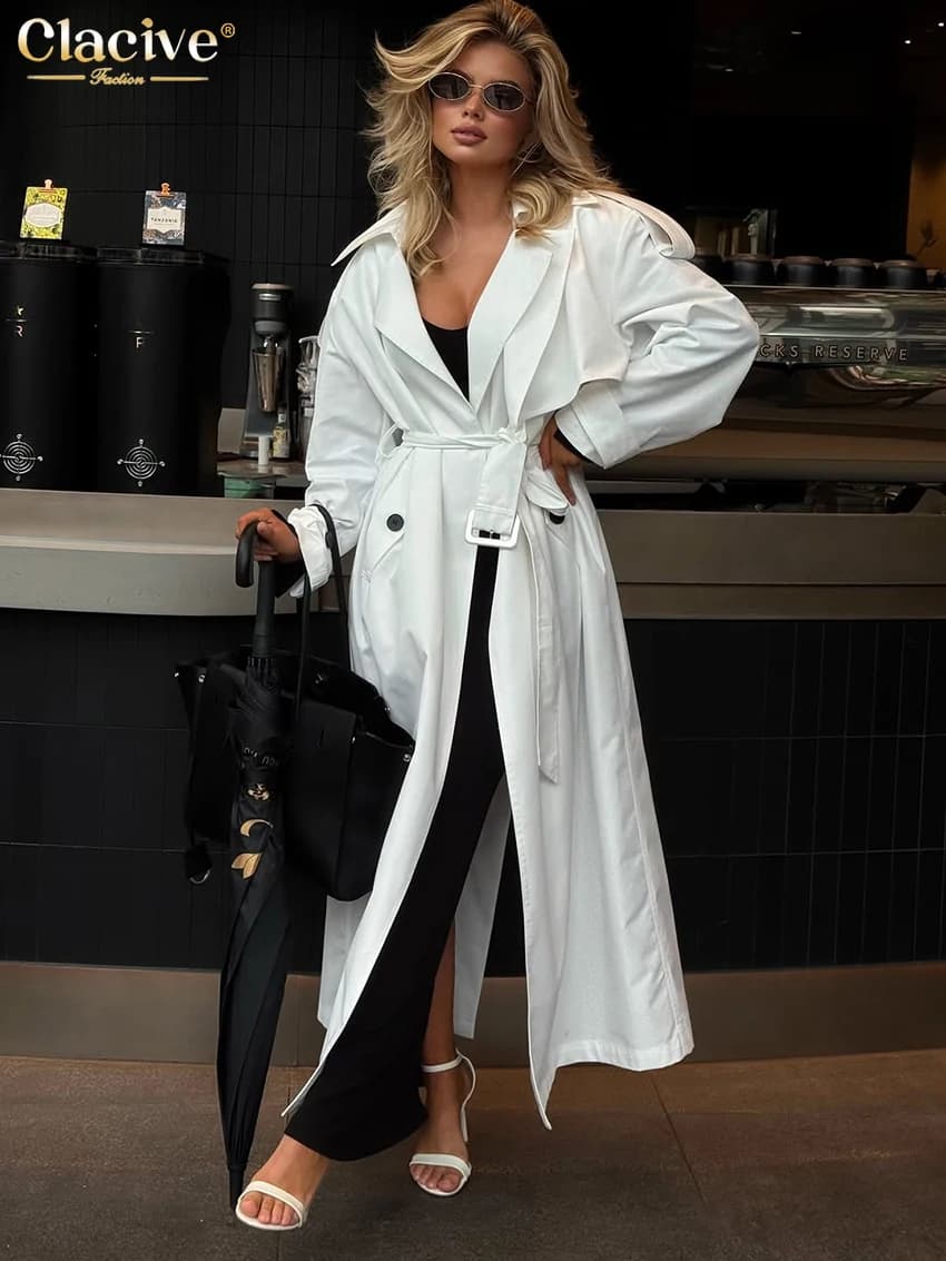 Clacive Trench da donna bianco allentato moda 2025 Cappotti invernali a maniche lunghe con risvolto Elegante cintura classica Top Abbigliamento femminile