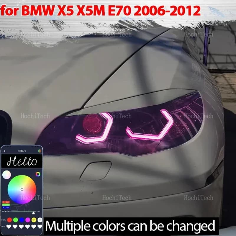 Luci diurne DRL per auto con controllo tramite app, per BMW X5 X5M E70 2007-2013, anelli Angel Eyes RGB colorati, stile M4 a LED.