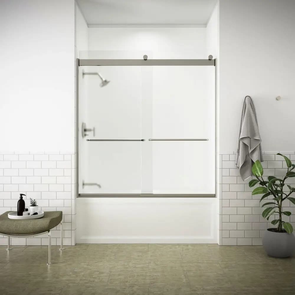 Porta Doccia Scorrevole Senza Telaio con Porta Asciugamani e Vetro Satinato da 1/4 di Pollice in Nickel Opaco