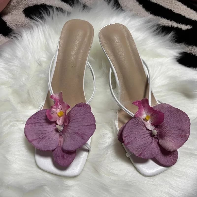 Orchid Flower Summer New High Heeled Women White Pink Blue Purple Floral Heels Square Toe Prom Slipper Slingback Shoes for Women