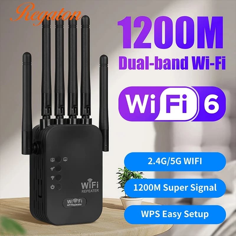 Regaton Home Amplificatore di segnale WiFi a lungo raggio 1200M 2.4G 5G Ripetitore wireless con 6 antenne ad alto guadagno Estensore di copertura di rete
