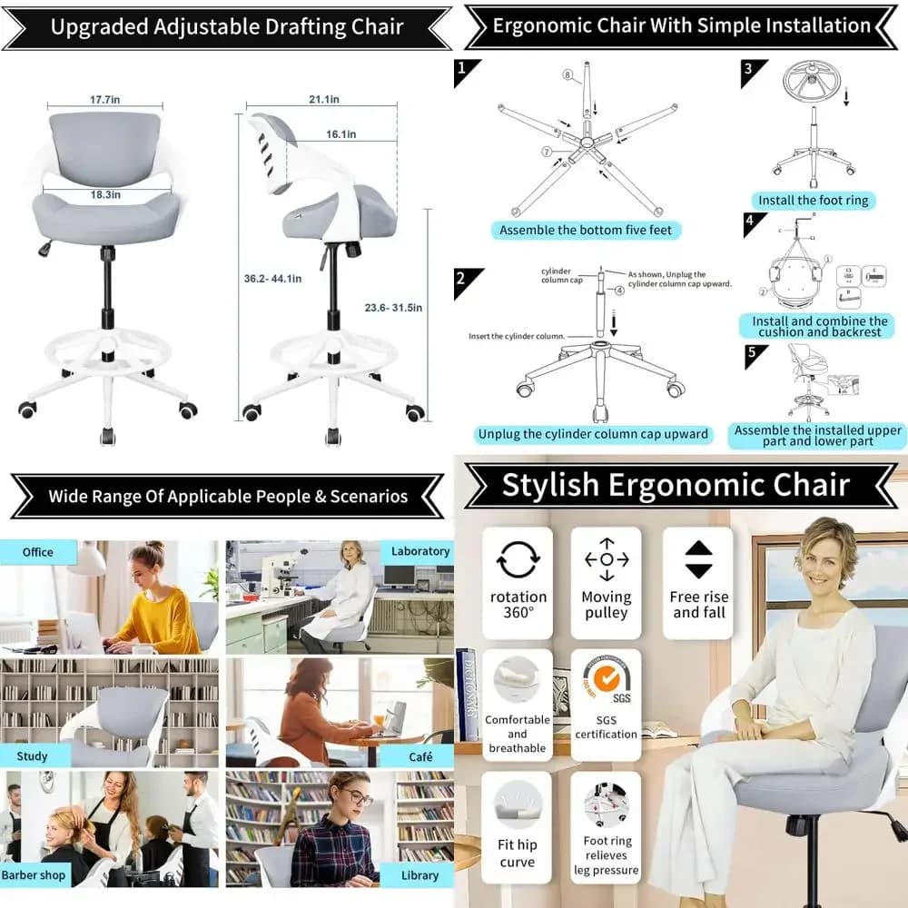 "Sedia da ufficio ergonomica regolabile con girevole, supporto da scrivania in piedi, anello per il piede e cuscino lombare - grigio"