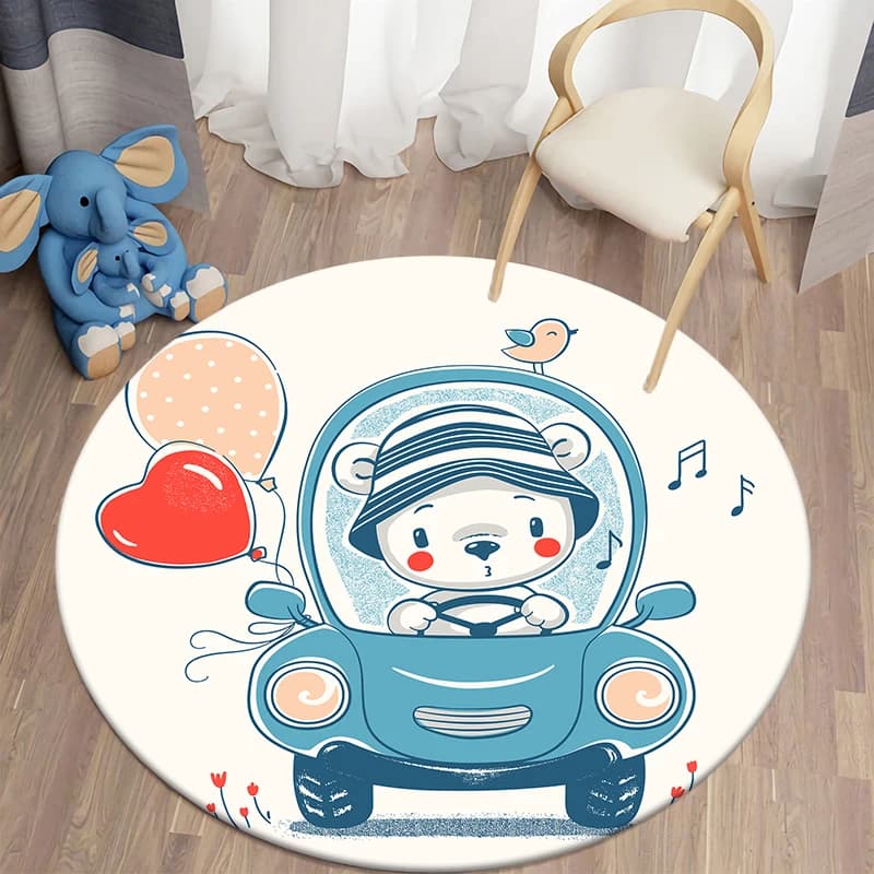 Tappeto Rotondo con Simpatici Animali Cartoon, Tappetino per Soggiorno, Area Giochi, Tappeto da Campeggio/Picnic, Grazioso Tappeto Decorativo