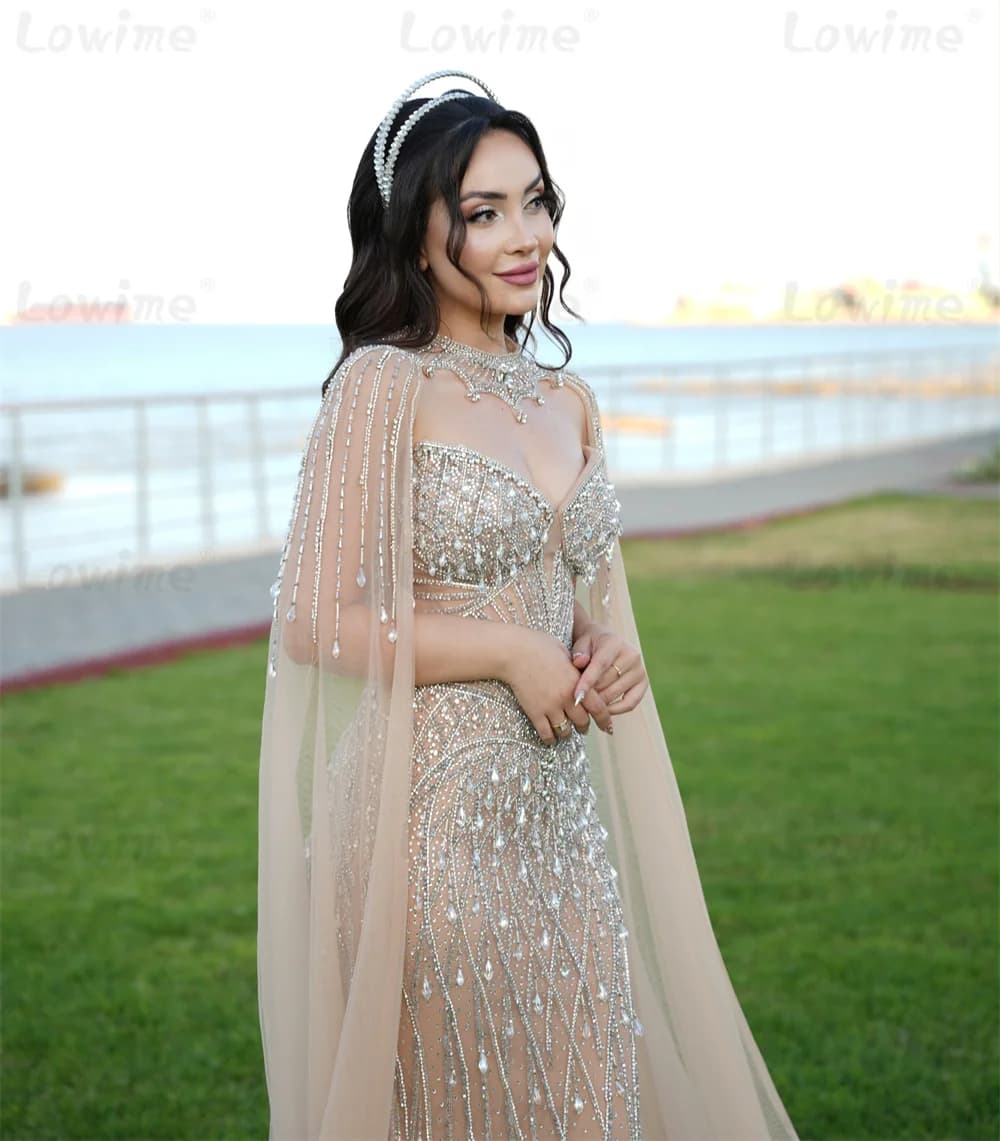 Elegant Women's Champagne Evening Dresses Cape Sleeve Long Mermaid Celebrity Dress Arabic Party Gowns Customized With Crystals