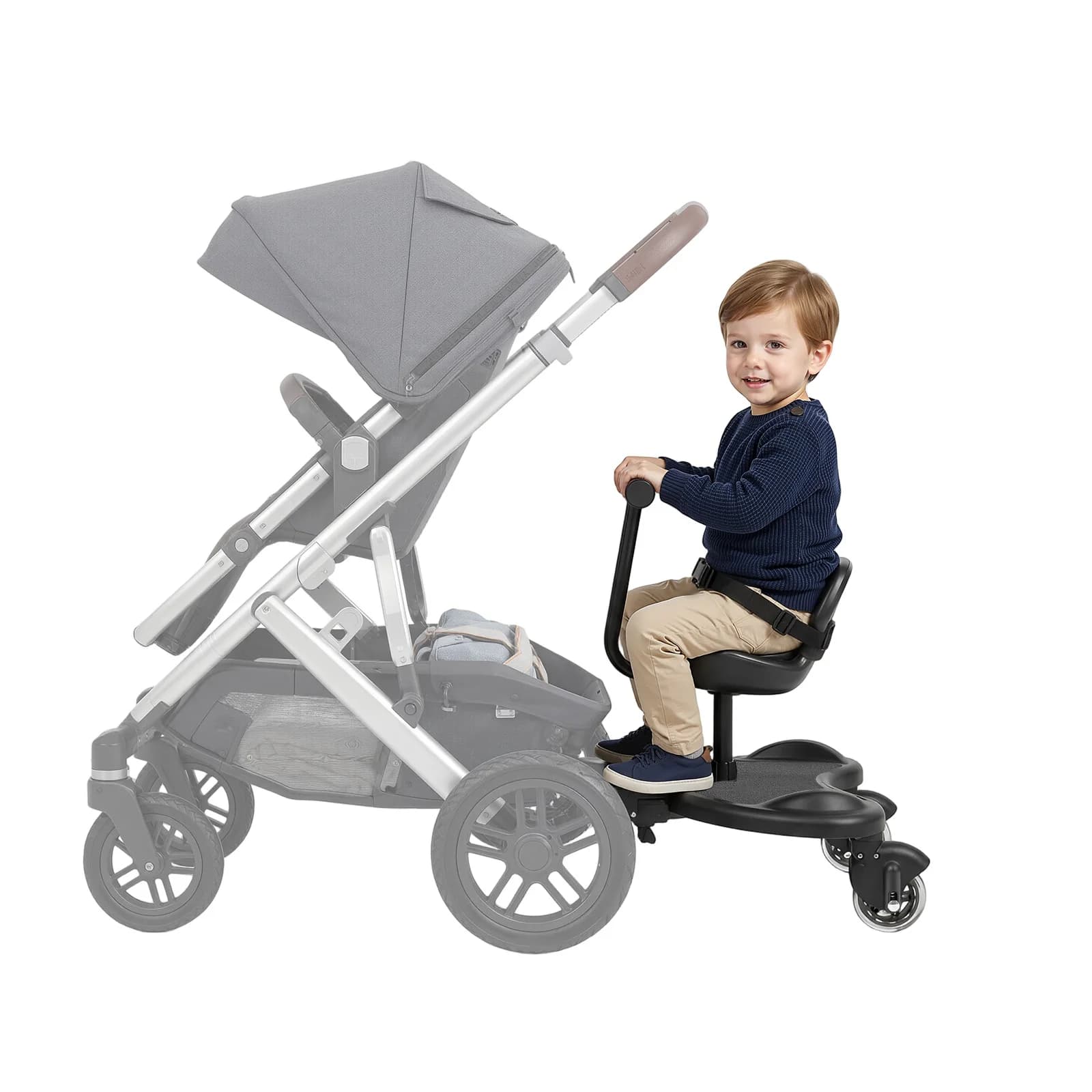 Universal Stroller Standing Board PC PVC Iron Frame 55.12LBS Load Adjustable Connect Bar Dual Shock-absorbing Wheel Removable Seat Safety Belt Outdoor Two-child Family Travel Stroller Attachment