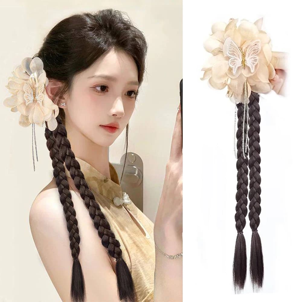 1 pz. Clip per capelli sintetica bianco sporco con fiore e fiocco, coda di cavallo intrecciata, capelli finti per donne e ragazze, per uso quotidiano, feste e cosplay