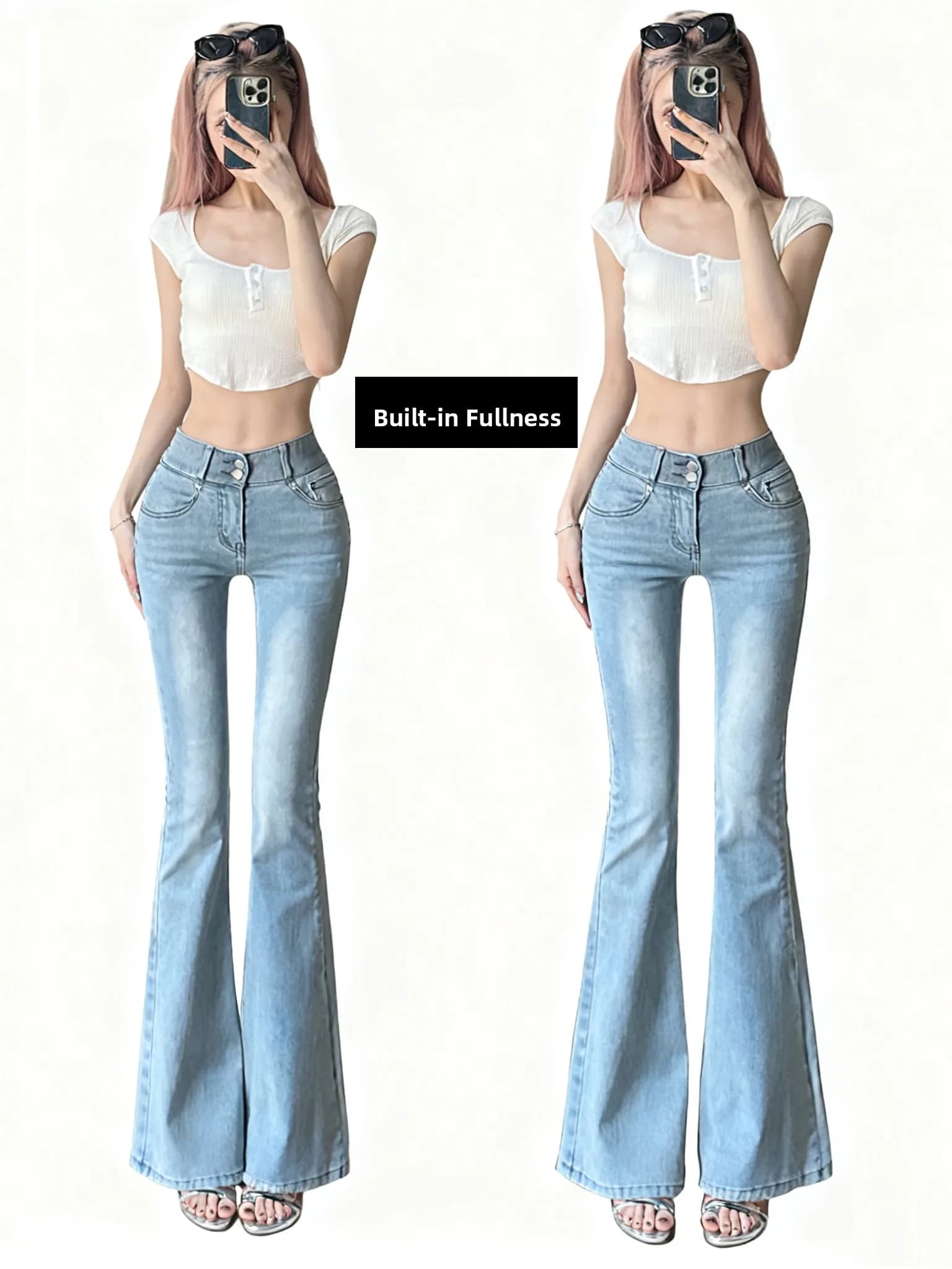 Jeans a Zampa d'Elefante a Vita Alta da Donna, Elasticizzati, Stile Coreano, Pantaloni Lunghi con Imbottiture per Valorizzare i Fianchi, Primavera Autunno