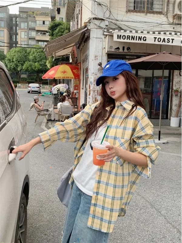 Camicia Giacca a Quadri a Maniche Lunghe da Donna, Nuovo Stile Autunnale, Top per Studentesse, Capo Spalla Casual in Cotone Poliestere dal Design Rilassato e alla Moda