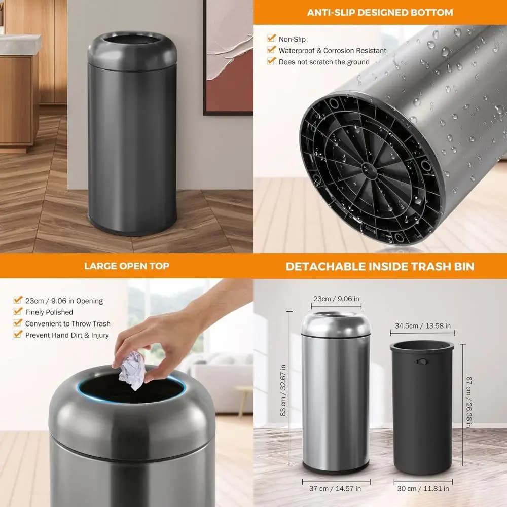 Cestino per Rifiuti da 16,5 Galloni, Nero, con Apertura Superiore, per Interni ed Esterni, Contenitore Industriale in Acciaio Inox, Nero Metallizzato, Grande