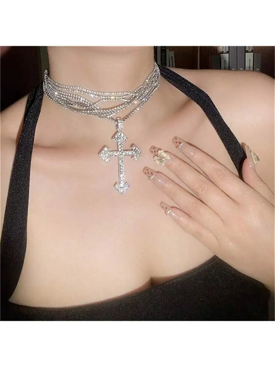 1pc Fashionable European And American Style Exaggerated Multilayer Cross Necklace With Full Rhinestones, Personalized Pendant Fo