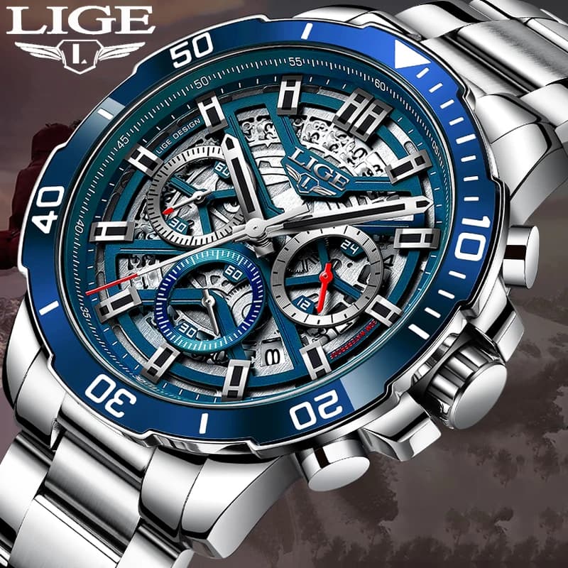 LIGE Creative Hollow Design Men's Watch Fashion Military Sports Men's Quartz Wrist Watch Stainless Steel Waterproof Chronograph