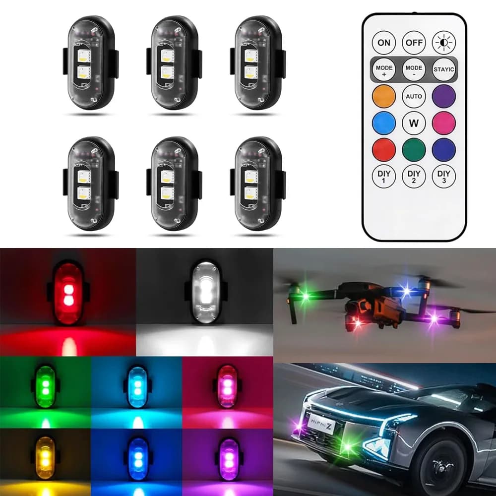 Luci stroboscopiche a LED wirelessTelecomando 8 colori Impermeabile anti-collisione Ricarica USB per auto Drone Camion Moto Aerei