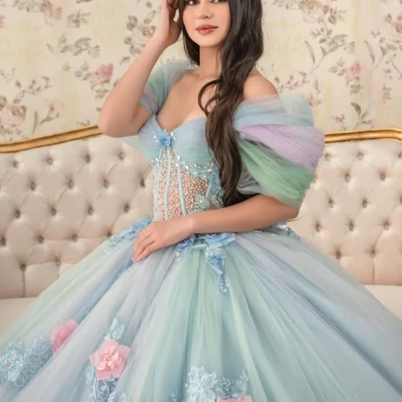 ciano Abito Quinceanera Pizzo cristallo Tull decalcomania fiore 3D Stratificazione di pizzo abiti da 15 Quinceanera Personalizzato
