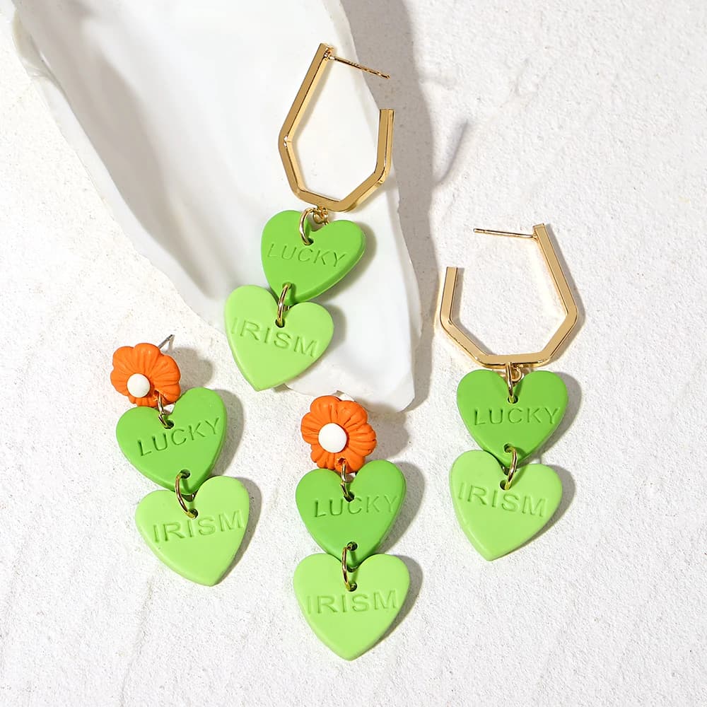 Orecchino di argilla polimerica fiore cuore verde fatto a mano Lifefontier per le donne nuovi gioielli orecchini pendenti con lettera fortunata multistrato