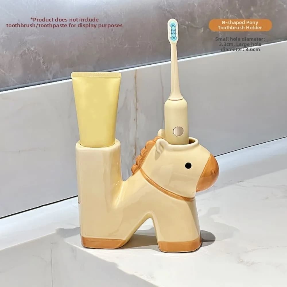 Ceramic Pony Toothbrush Holder 2 Slot Creative Toothpaste Toothbrush Rack Reusable Cartoon Makeup Brush Storage Shelf