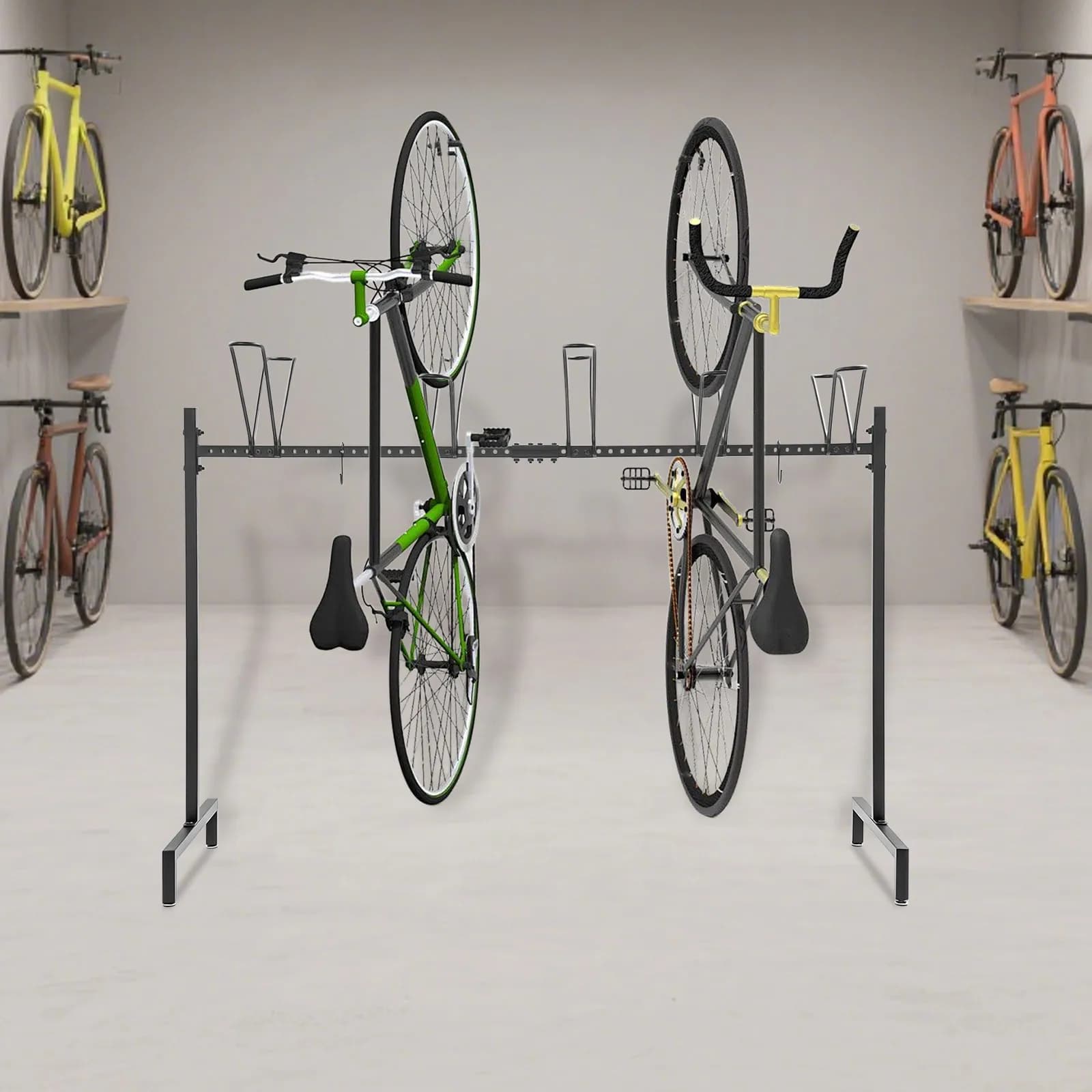 Supporto da pavimento per bici a 5 slot: tubo in acciaio con vernice da forno ad alta temperatura, carico di 154,32 libbre, ganci a forma di S e cuscinetti antiscivolo, adatto alle ruote ≤18 pollici