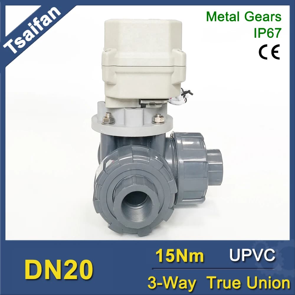 DN20 3-way PVC-U directional control valve, DC12V chemical resistant electric valve pool, water tank