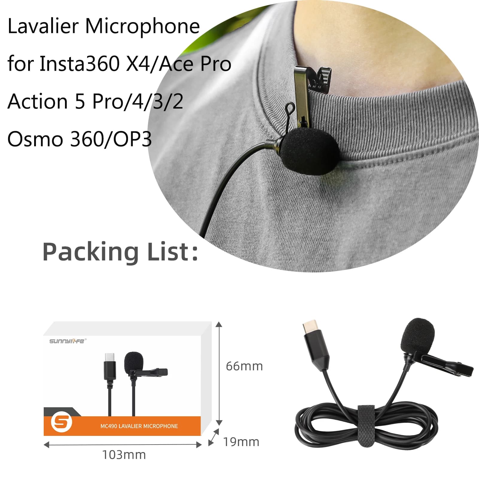 Sunnylife Microfono lavalier da 1,5 M per Insta360 X4/Ace Pro Microfono di registrazione con telecamera panoramica Type-C per DJI Action 5 Pro/X4