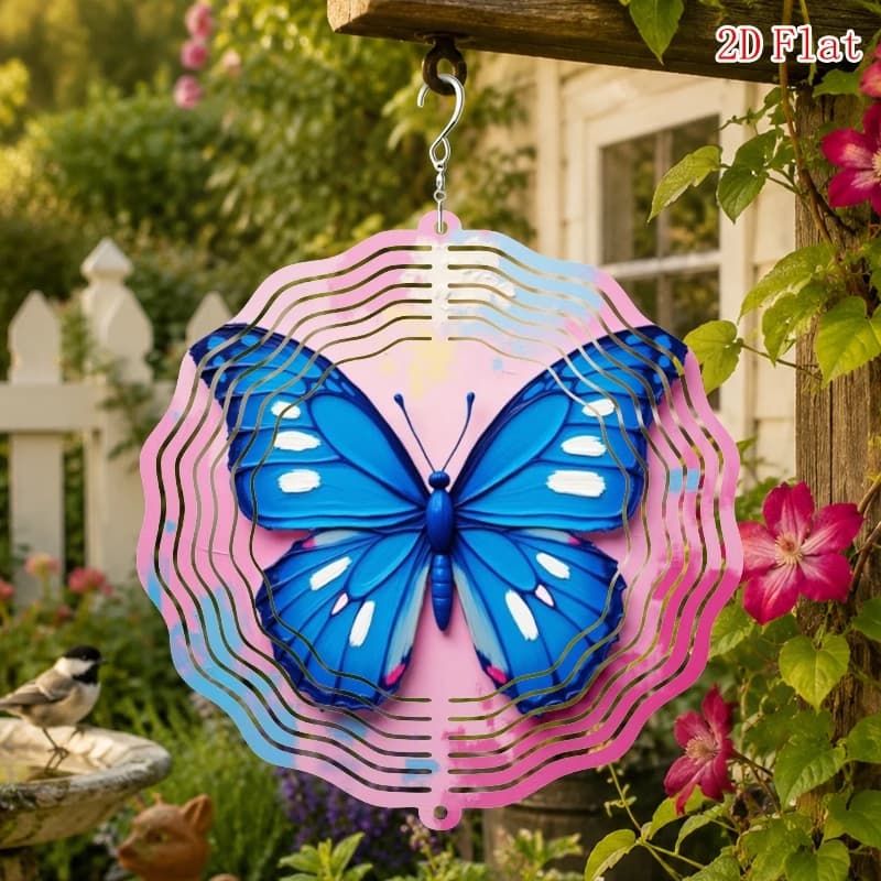 "Blue Butterfly Pattern, Pink Background Design" with Swivel Hook, Durable Iron Construction Rotating Wind Chime Ornament