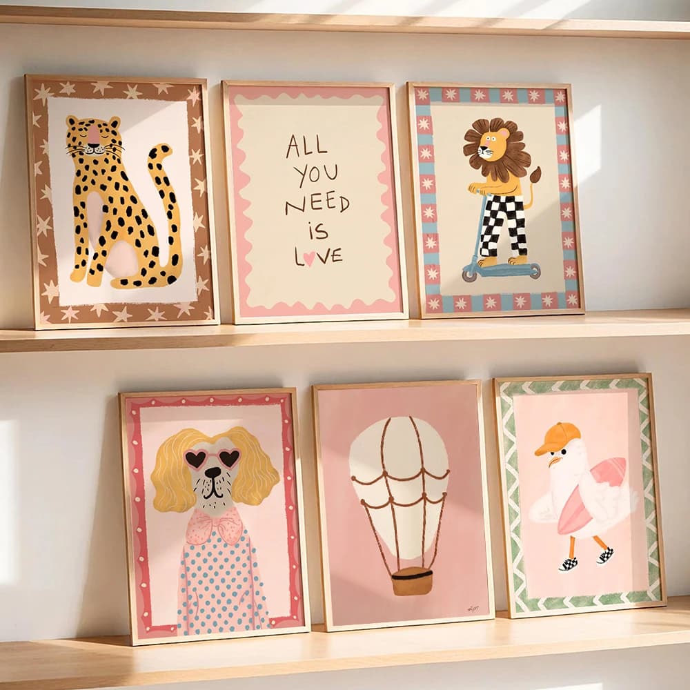 Moda Cane Leone Leopardo Surfer Gabbiano Poster Animale Wall Art Kids Room Decor Boho Nursery Stampa Safari Montessori Illustrazione
