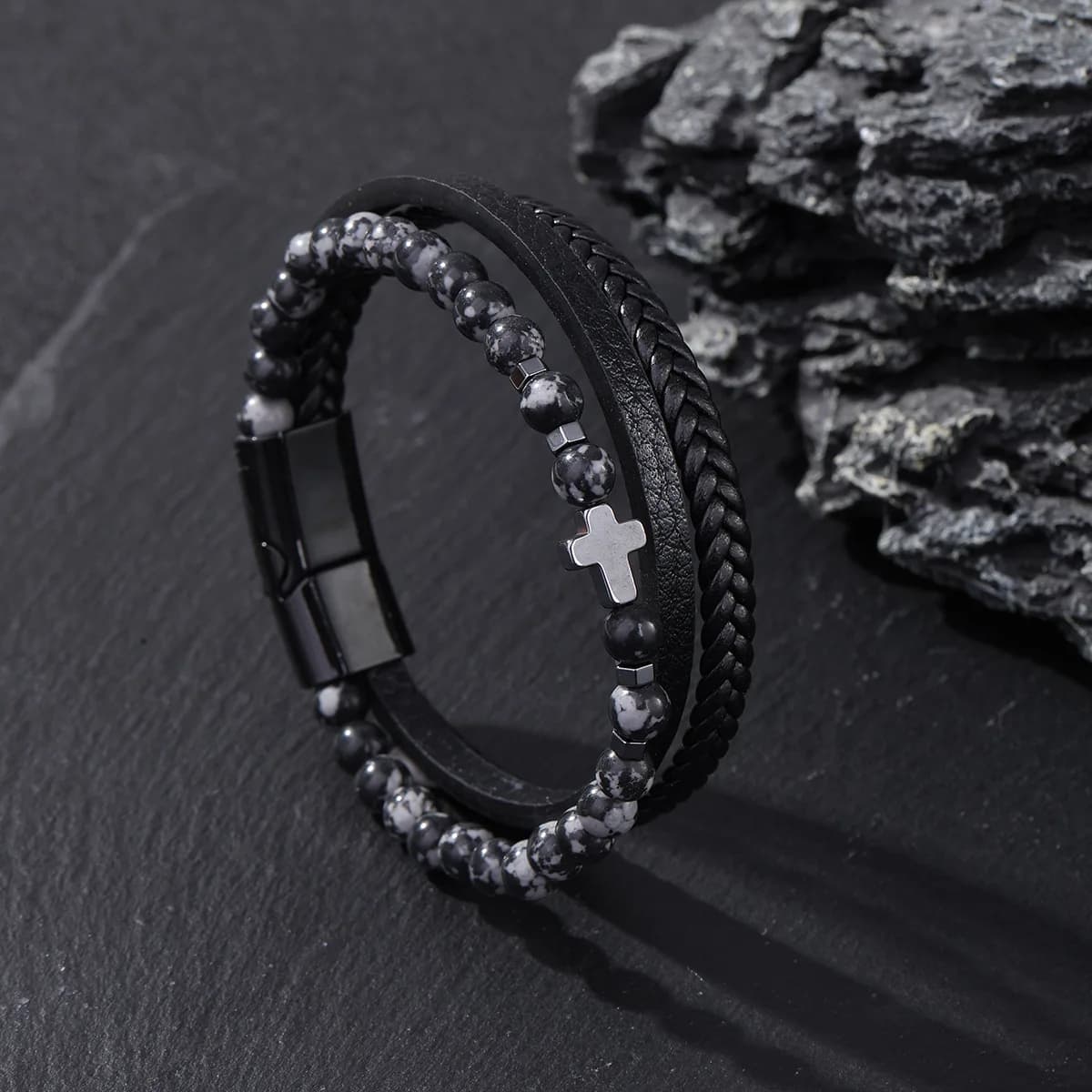 Braccialetti Rosario da Preghiera con Perline in Pietra Naturale e Croce, Bracciale Multistrato in Pelle per Uomo e Donna, Gioielli per Yoga e Meditazione